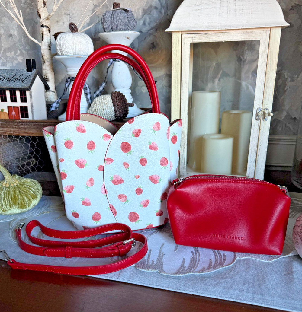 Anthropologie Melie Bianco Strawberry Red White Tulip Top-Handle Crossbody Tote